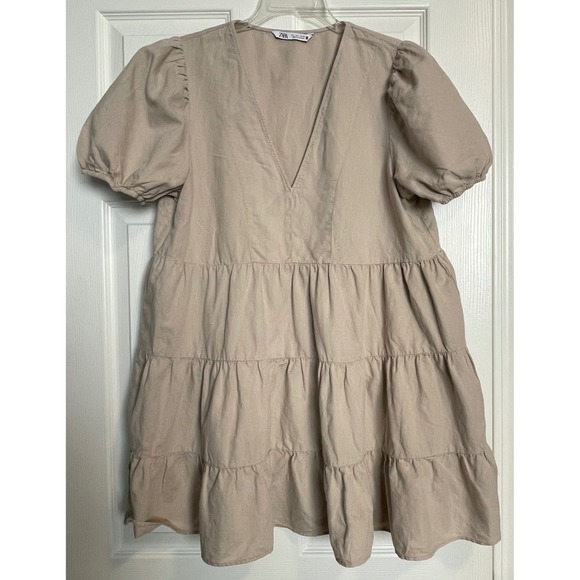 Zara Dresses & Skirts - ZARA Beige Linen Blend Tiered Mini Dress V-Neck Puff Sleeve Tan Babydoll Large